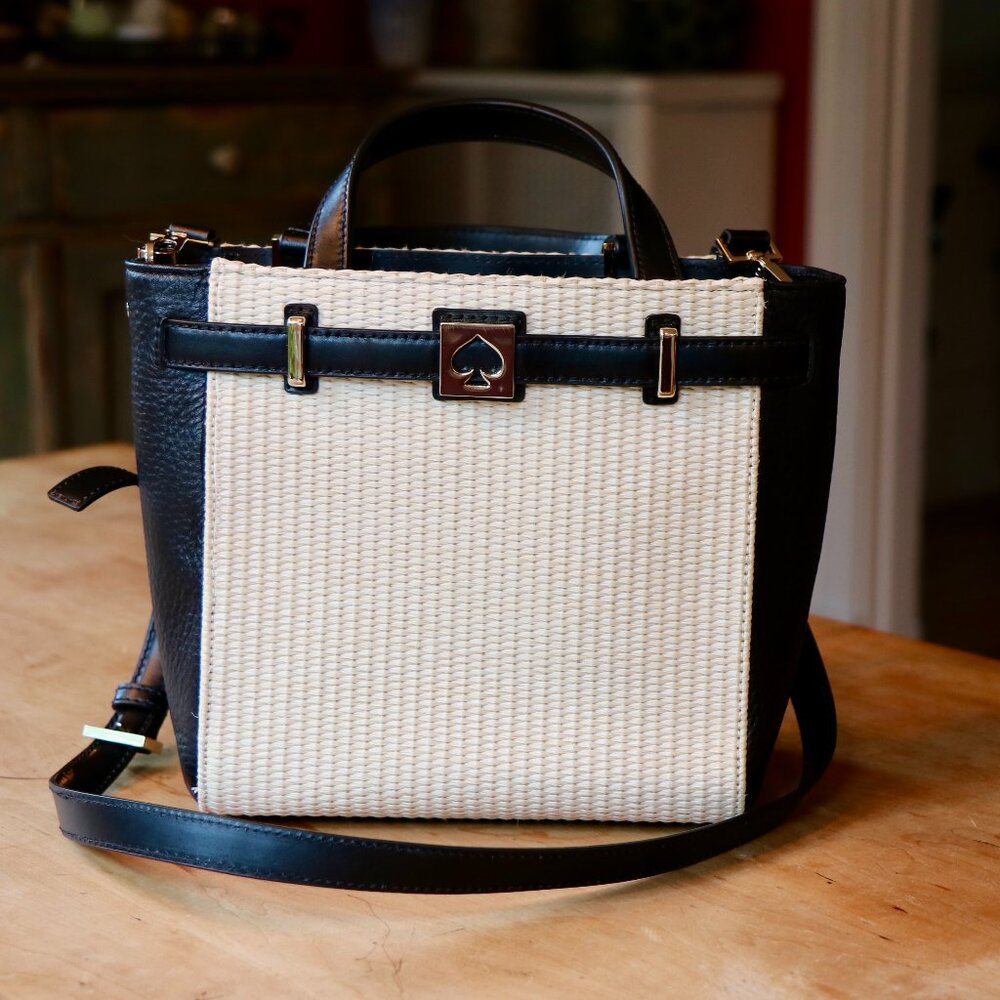 Kate Spade Houston Street Leo Straw & Black Leather Shoulder/Crossbody Bag NWOT